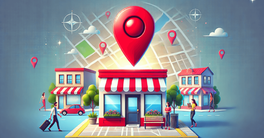 A vibrant small business storefront with a red location pin hovering above it, symbolizing local SEO and visibility. The background features a map overlay and nearby streets, emphasizing customer engagement and geographic relevance.